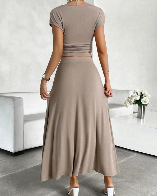 Women Short Sleeve Elegant Solid Color Maxi Skirt Sets Two Pieces Outfit Black Coffee Apricot Dark Green Wine Red S-XL