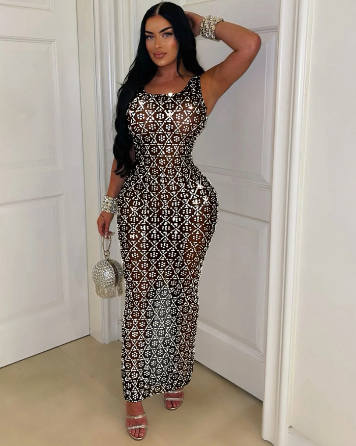 Sequin Mesh Sleeveless Women Long Dress S-XXL