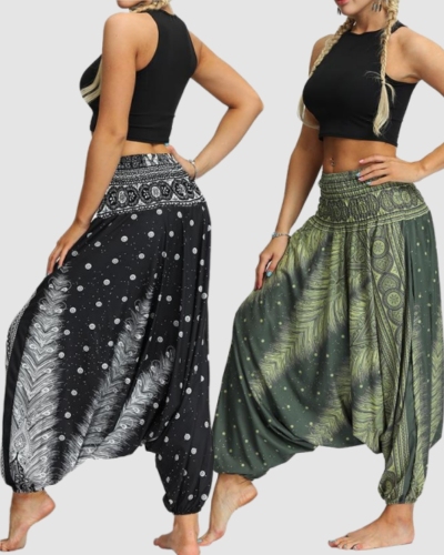 Women Retro Boho Printed Loose Fashion Yoga Pants One Size