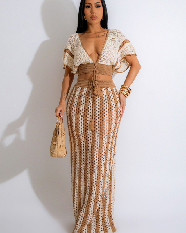 Knitted Wholesale Women Fashion Two Piece Skirt Set S-XL