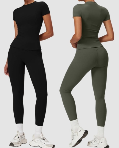 Women Short Sleeve O Neck T-shirt Slim Pants Yoga Two-piece Sets S-XL