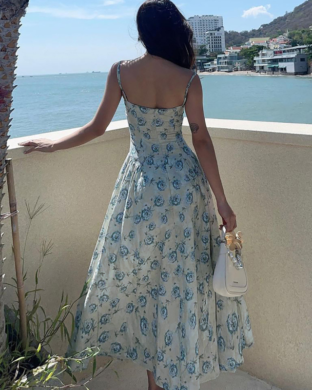 Cute Flower Printed Sleeveless Long Dress S-L