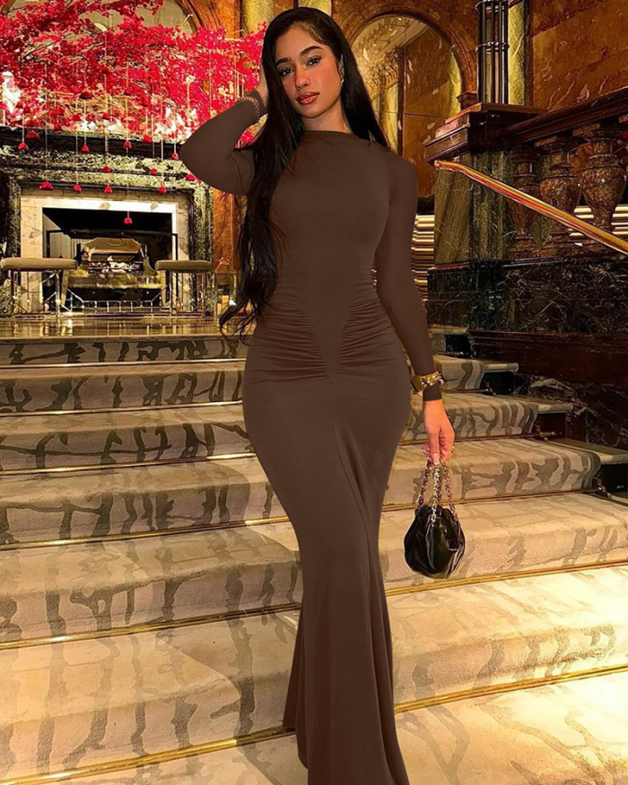 Long Sleeve Solid Color Fashion Long Dress S-L