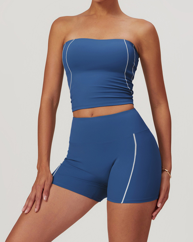 Woman Strapless Vest High Waist Shorts Sports Yoga Two Pieces Sets S-XL