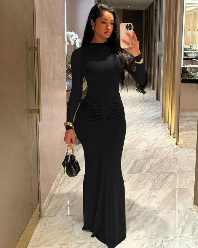 Long Sleeve Solid Color Fashion Long Dress S-L