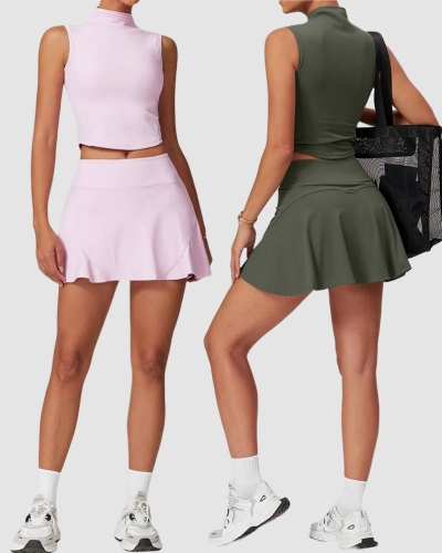 Women Sleeveless Vest Tennis Golf Lined Skirts Two Pieces Sets S-XL