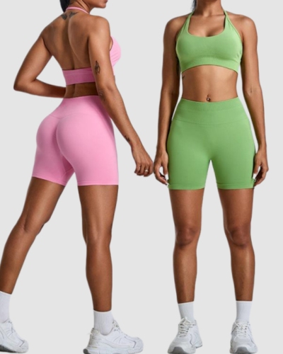 Factory Price Women Seamless Halter Neck Running Shorts Sets Yoga Two-piece Set S-XL
