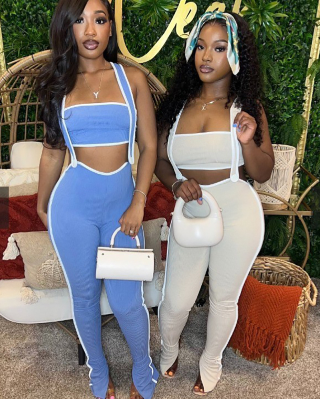 Women Sleeveless Elastic Pit Strip Sexy Overall Pants Sets Two Pieces Outfits Orange Green Gray Black Blue Rosy S-2XL