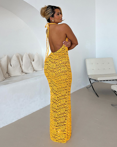 Open Back Yellow Hollow Out Lace Long Dress S-L