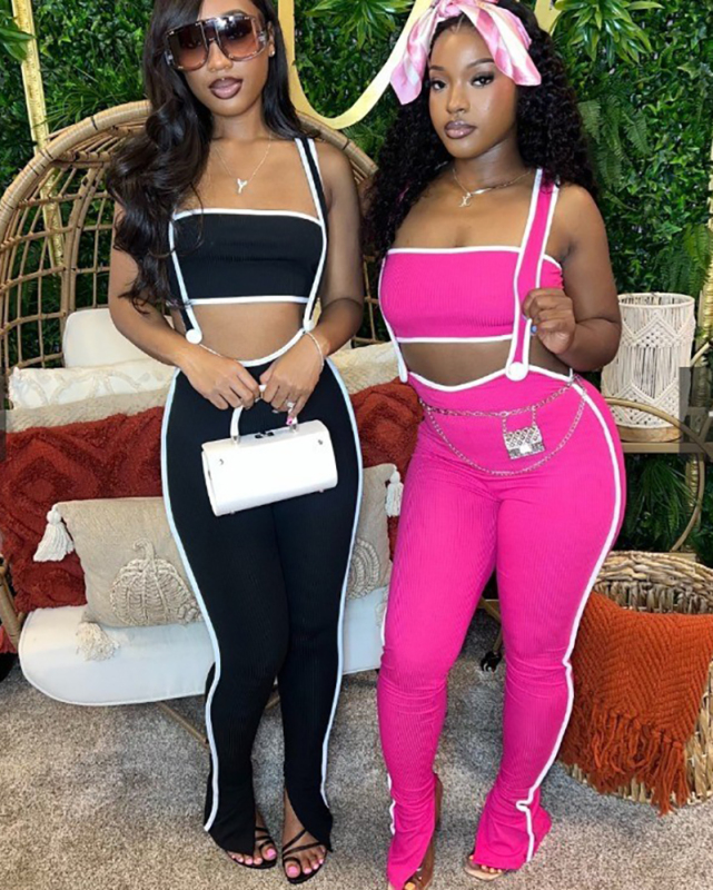 Women Sleeveless Elastic Pit Strip Sexy Overall Pants Sets Two Pieces Outfits Orange Green Gray Black Blue Rosy S-2XL