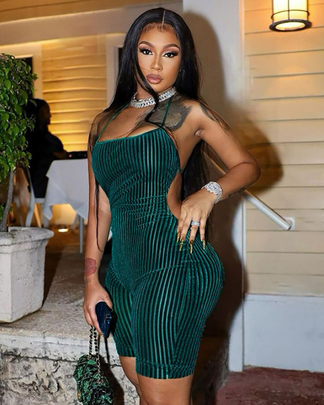 Women Summer Halter Neck Blackless Velvet Romper Green Black Brown S-L