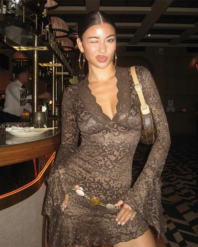 Long Sleeve Lace See Through Sexy Dress S-XL