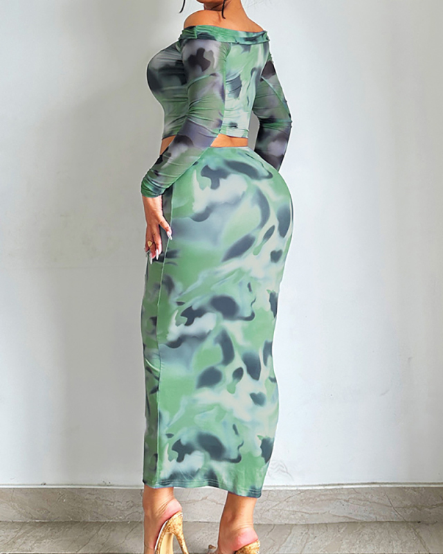 Woman Off Shoulder Long Sleeve Two Pieces Skirts Set Green S-L