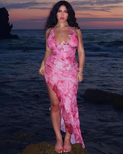Printed Irregular Halter Deep V Neck Backless Sexy Dress Rosy S-L