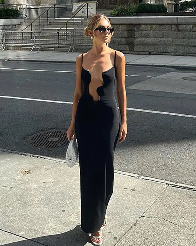 Women New Style Sling Deep V Irregular Neek Slim Sexy Maxi Dress White Black S-L