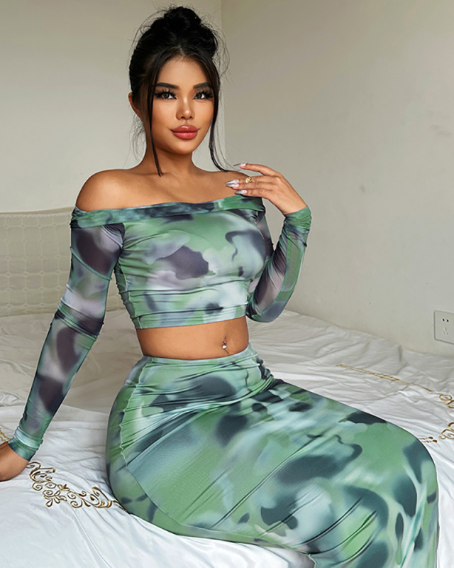 Woman Off Shoulder Long Sleeve Two Pieces Skirts Set Green S-L