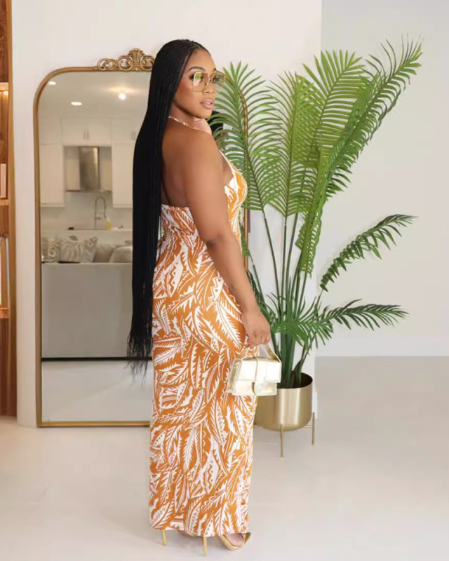 Orange Printed Wholesale Summer Dress S-XXL