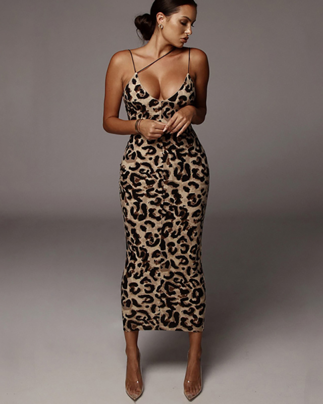 Women Summer Sling V Neck Snake Leopard Printed Maxi Dress S-2XL