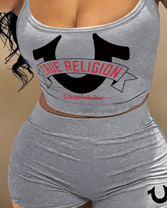 Grey Printed Sporty Leisure Two Piece Short Set XS-XL