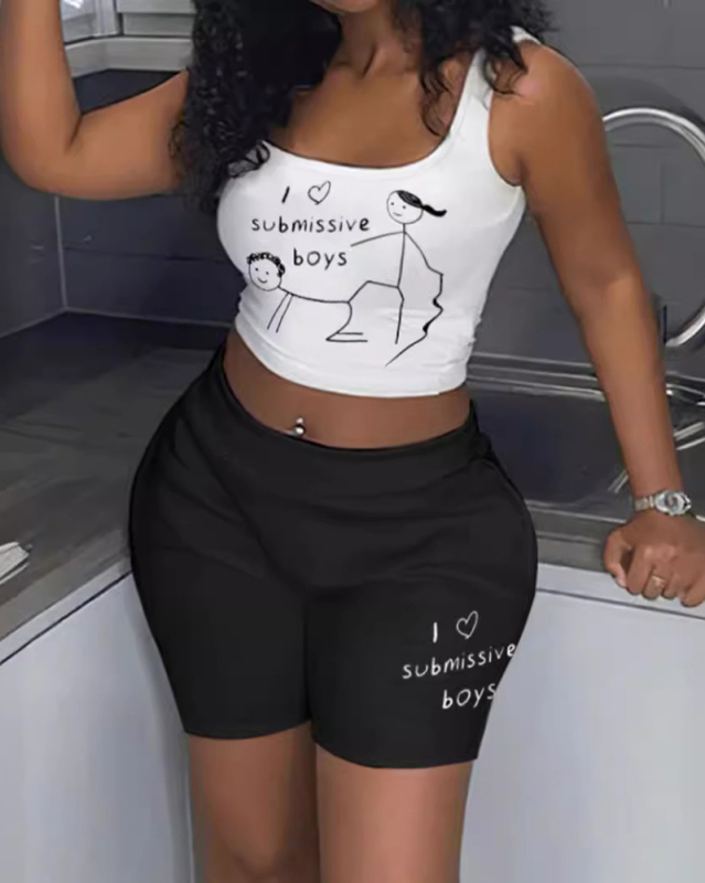 White and Black Leisure Women Summer Short Set XS-XL
