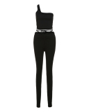 Summer New Fashionable One Shoulder Crop Top High Waist Tight Strap Pants S-L