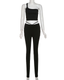 Summer New Fashionable One Shoulder Crop Top High Waist Tight Strap Pants S-L