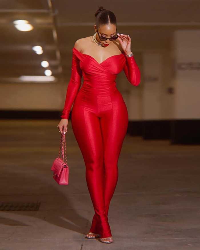 Summer Women's Off Shoulder V-Neck High Waisted Tight Pants Casual Sports Suit S-L