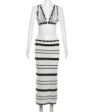 Summer Stripe Women Two Piece Long Skirt Set S-L