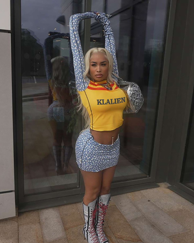 Woman Sexy Slim Fit Colorblock Long Sleeve Top High Waist Wave Point Hip Skirt Blue Yellow S-L