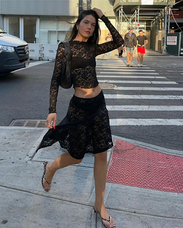 Summer New Product Sexy Perspective Long Sleeve Lace Top High Waist Irregular Half Skirt Set Black White S-L