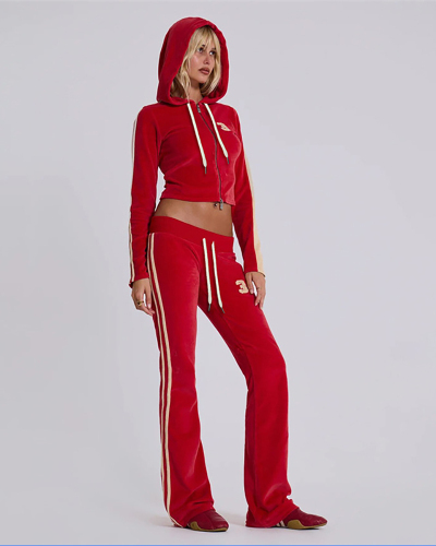 New Product Sexy Letter Hoodie Long Sleeve Coat High Waist Strap Pants Set Red Black S-L