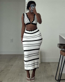 Summer Stripe Women Two Piece Long Skirt Set S-L