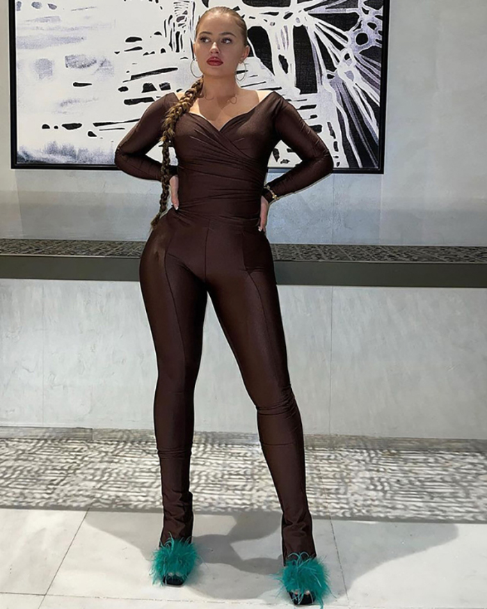 Summer Women's Off Shoulder V-Neck High Waisted Tight Pants Casual Sports Suit S-L