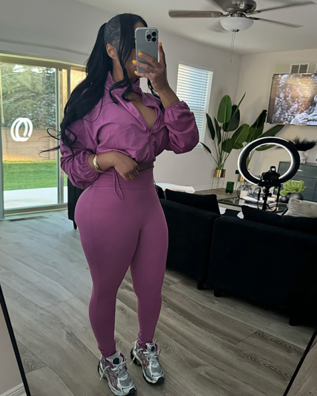 Autumn New Sexy Drawstring Waist Long Sleeve Crop Top High Waist Tight Pants Set for Women Black Green Purple Red S-L