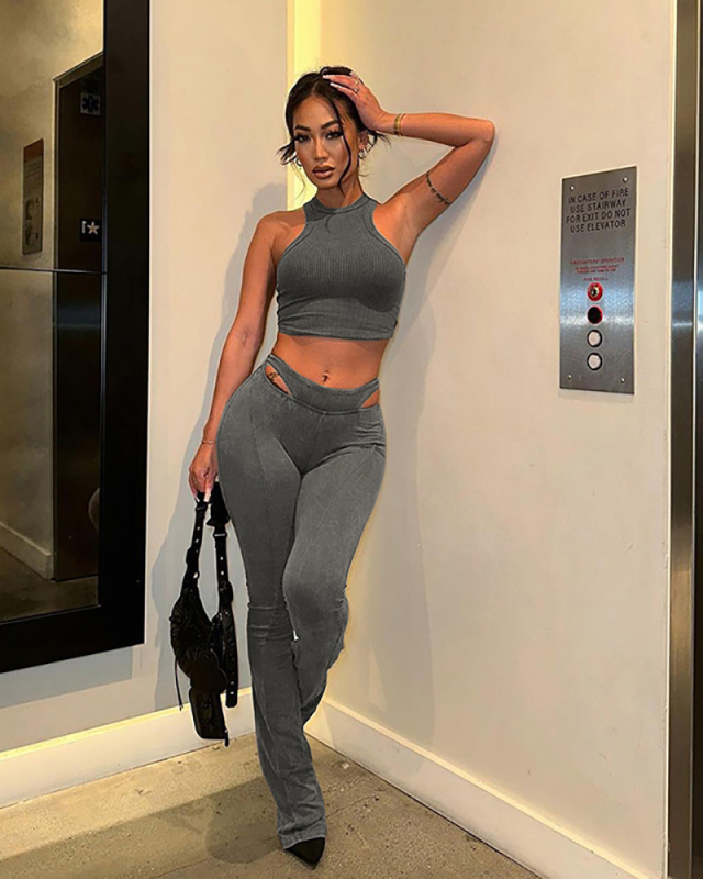 New Sexy Crop Top Slimming Vest High Waist Hollow Out Tight Pants Casual Suit Gray Khaki S-L