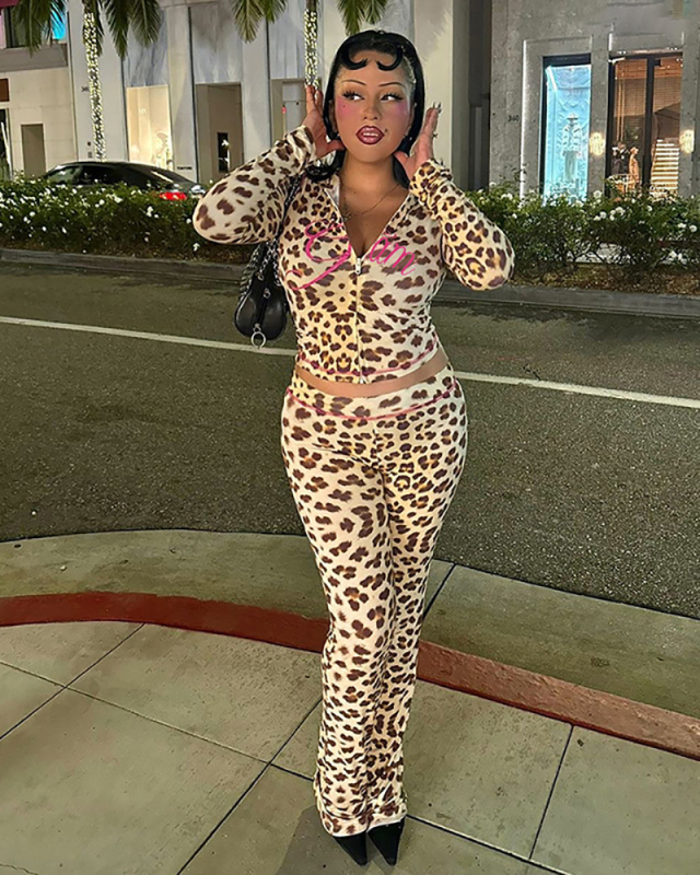 Fashion Women Printed Hooded Cardigan Top Leopard Print High Waist Tight Pants Set S-L