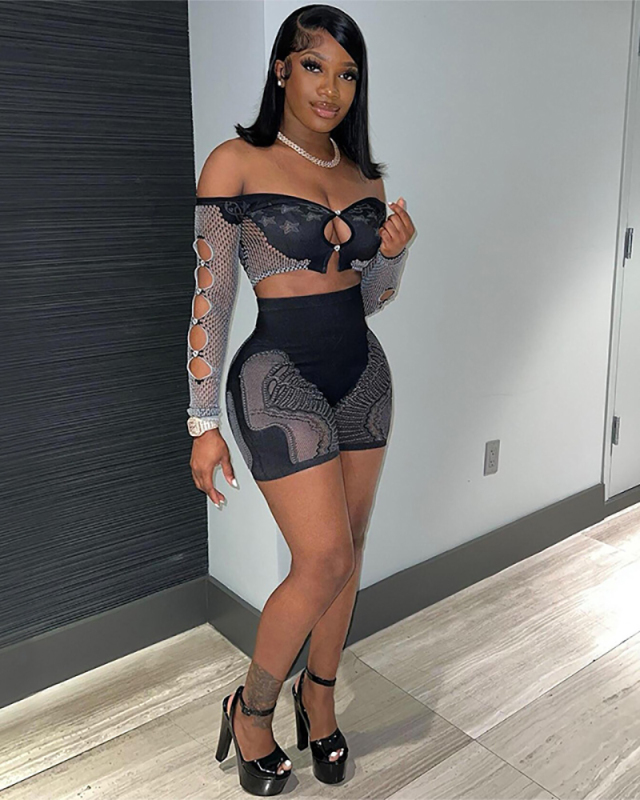 Long Sleeve See Through Knitted Women Wholesale Two Piece Short Set