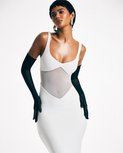 Summer New Fashionable Sexy Low Cut See Through Long Dress S-L
