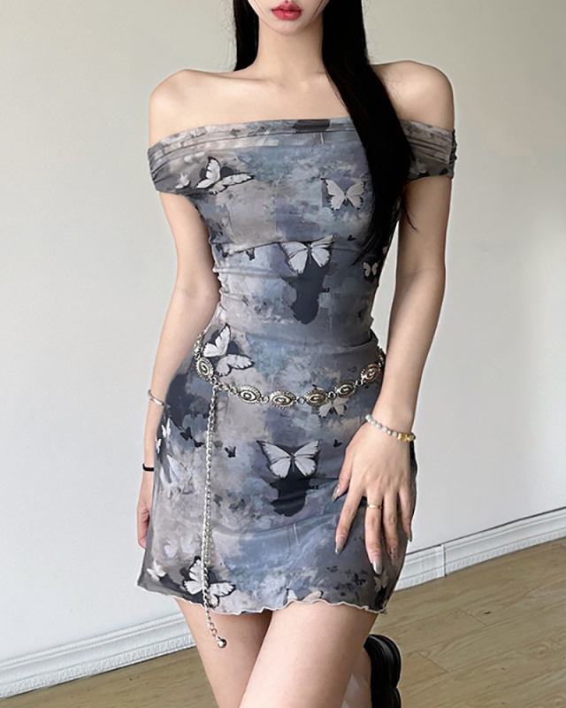 Retro Women Fashionable Girl Slim Fit Slimming Off Shoulder Butterfly Print Mini Dress Blue S-L