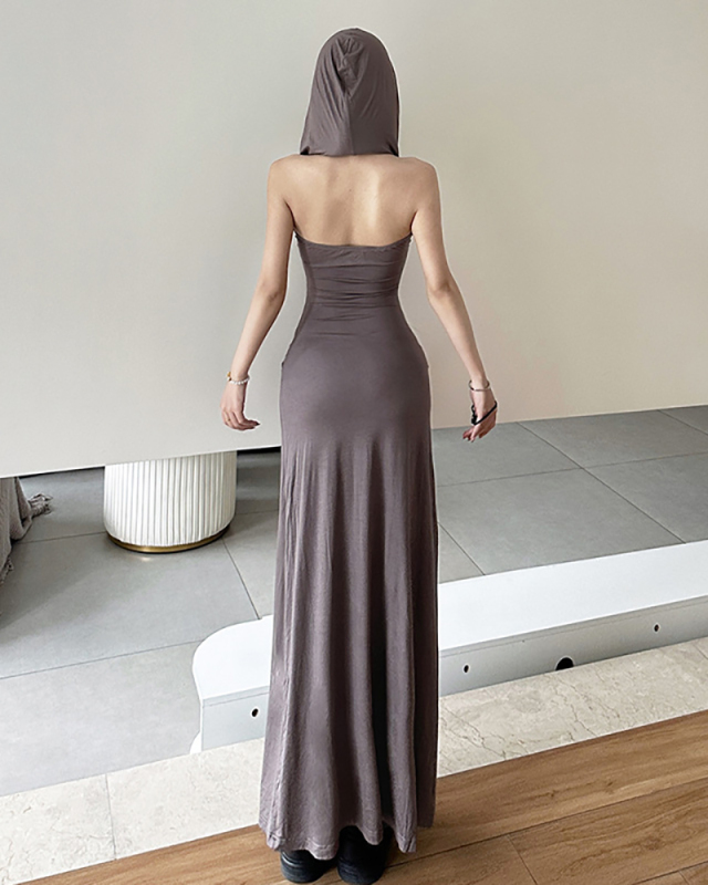 Women Fashionable Sexy Tight Fitting Slimming Backless Hooded Split Vest Dress Brown Gray S-L