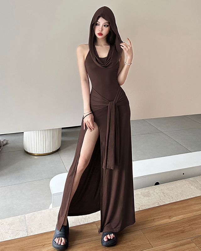 Women Fashionable Sexy Tight Fitting Slimming Backless Hooded Split Vest Dress Brown Gray S-L