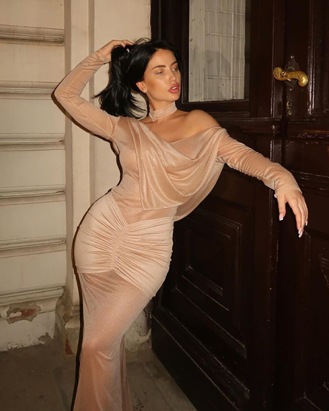 Fashionable Sexy Girl Slimming Shoulder Leakage Perspective Glitter Style Dress Khaki S-L