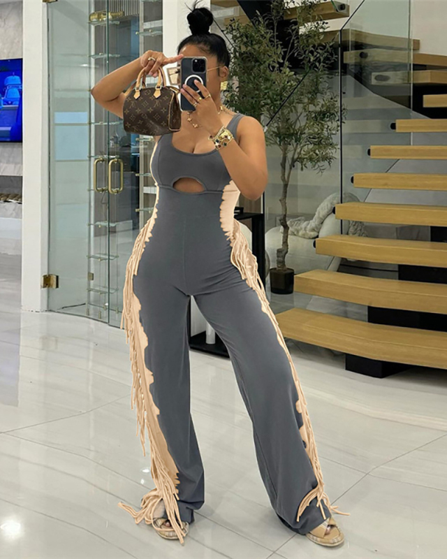 Summer New Women Sleeveless Fashion Colorblock Personality Tassel Casual Jumpsuit Blue Brown S-L