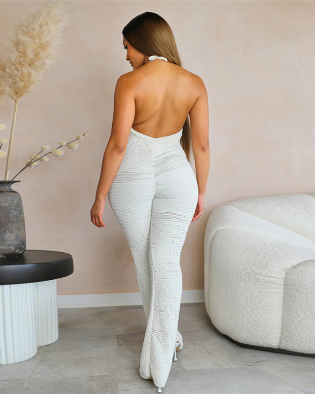 Summer New Fashionable Girl Sexy Bareback Low Cut Tight Tie Up Neck Jumpsuit Black White S-L
