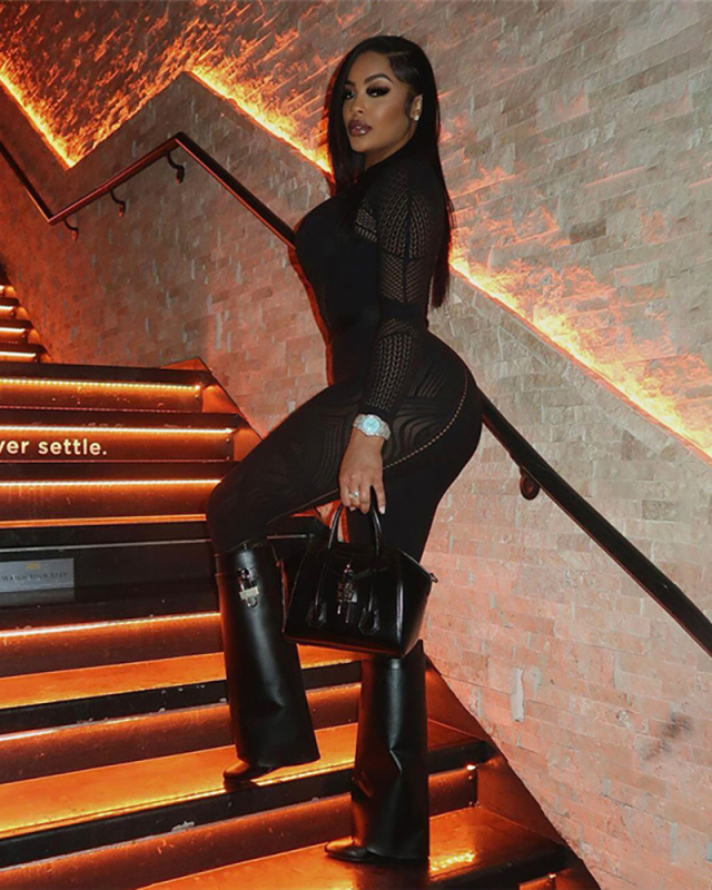 Wholesale Women Sexy Hollow Jacquard Knitted High Waist Tight Jumpsuit Black One Size