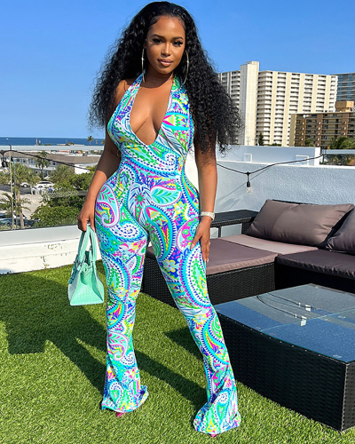 Deep V Tight Backless Hanging Neck Printed Jumpsuit Green S-L