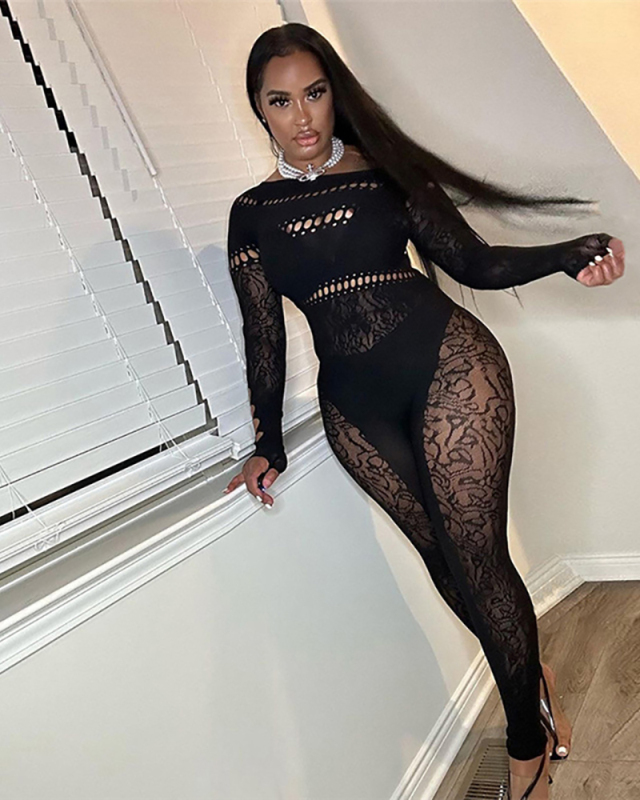 Autumn Women's Hollow Knitted Jacquard High Waist Tight Long Sleeved Jumpsuit Black One Size