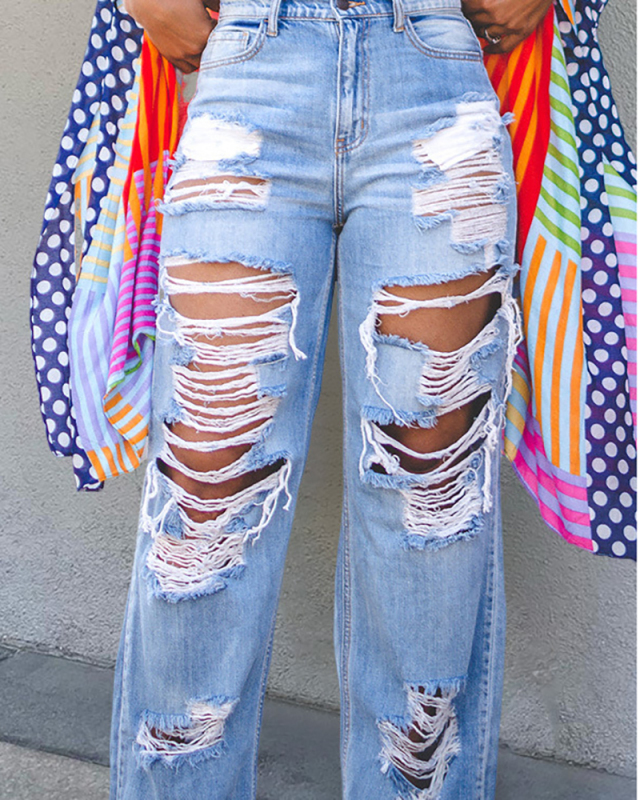 Fashion Women Burn Out Wide Leg Jean Pants S-3XL