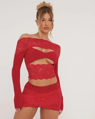 Lady Summer New Lace Splicing One Shoulder Hollow Top Elastic Skirt Set S-L