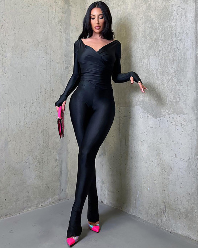 Lady Autumn Winter Solid Color Cross Collar Set Long Sleeved Pants Casual Suit S-L